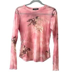 Vintage Y2K Lifestyle Pink Mesh Cherub Angel Print Long Sleeve Top Sheer Medium